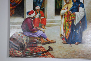Moroccan Orientalist Oil Painting of a Rug Market