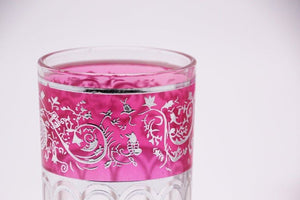 Set of Six Pink Glasses with Silver Raised Moorish Design