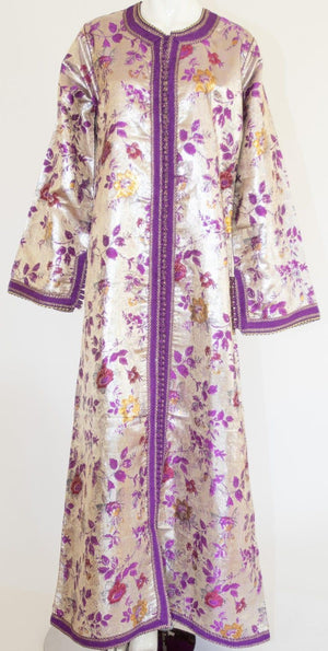 Moroccan Caftan Purple and Silver Damask Embroidered, Vintage, 1960s