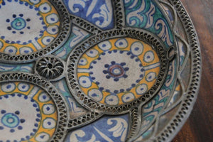 Antique Moroccan Ceramic Bowl Adorned with Moorish Silver Filigree from Fez