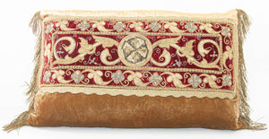 Antique Silk Velvet Lumbar Pillow with Metallic Gold Threads