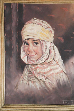 Vintage Orientalist Oil on Canvas A Portrait of A Young Girl
