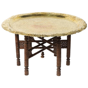 Anglo-Indian Engraved Round Polished Brass Tray Coffee Table on Wooden Stand