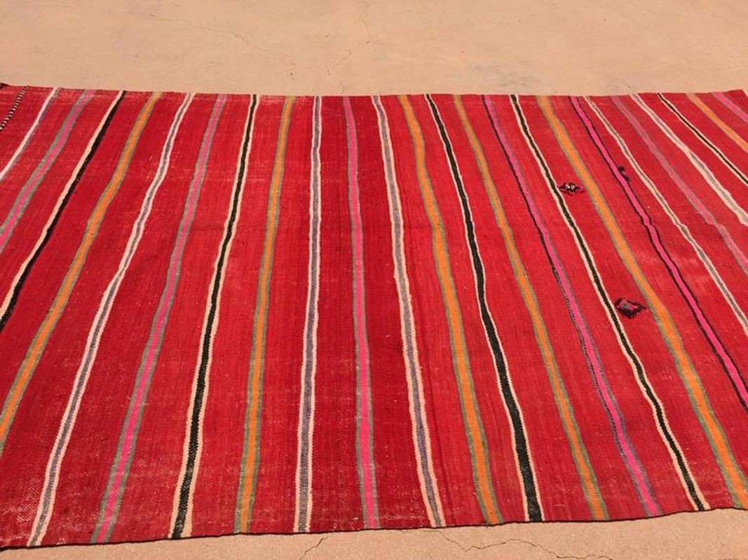 Vintage Moroccan Berber Kilim Rug in Burgundy, Pink and Orange Stripes, 1960s