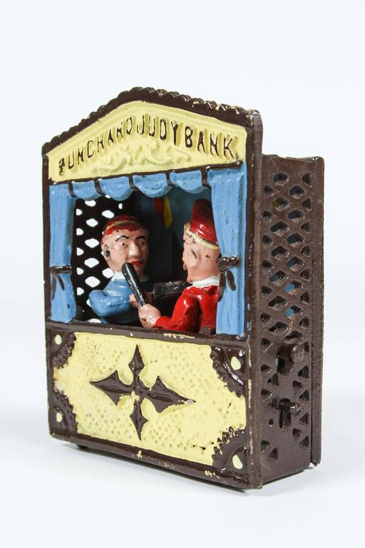 Vintage Cast Iron Book of Knowledge Mechanical Bank, Punch & Judy, 20th Century