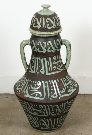 Pair of Moroccan Green and Brown Chiselled Ceramic Urns with Handles