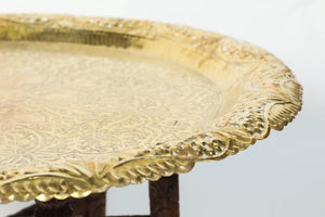 Anglo-Indian Engraved Round Polished Brass Tray Coffee Table on Wooden Stand