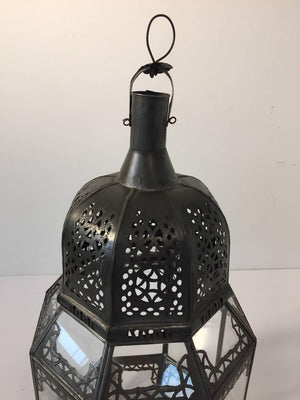 Vintage Moroccan Moorish Octagonal Metal and Glass Candle Lantern