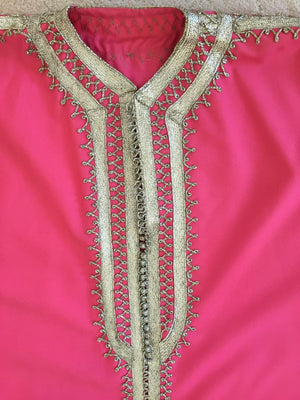 Moroccan Caftan Hot Pink Color Embroidered with Silver, Kaftan circa 1970