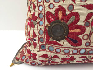 19th Century, Rajasthani Colorful Embroidery and Mirrored Decorative Pillow