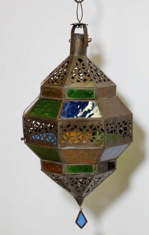 Handcrafted Moroccan Metal and Multi-Color Glass Lantern Octagonal Diamond Shape