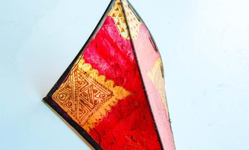 Vintage Moroccan Berber Hand-Painted Red Hide & Iron Wall Sconce Shade, 1980s – view 3