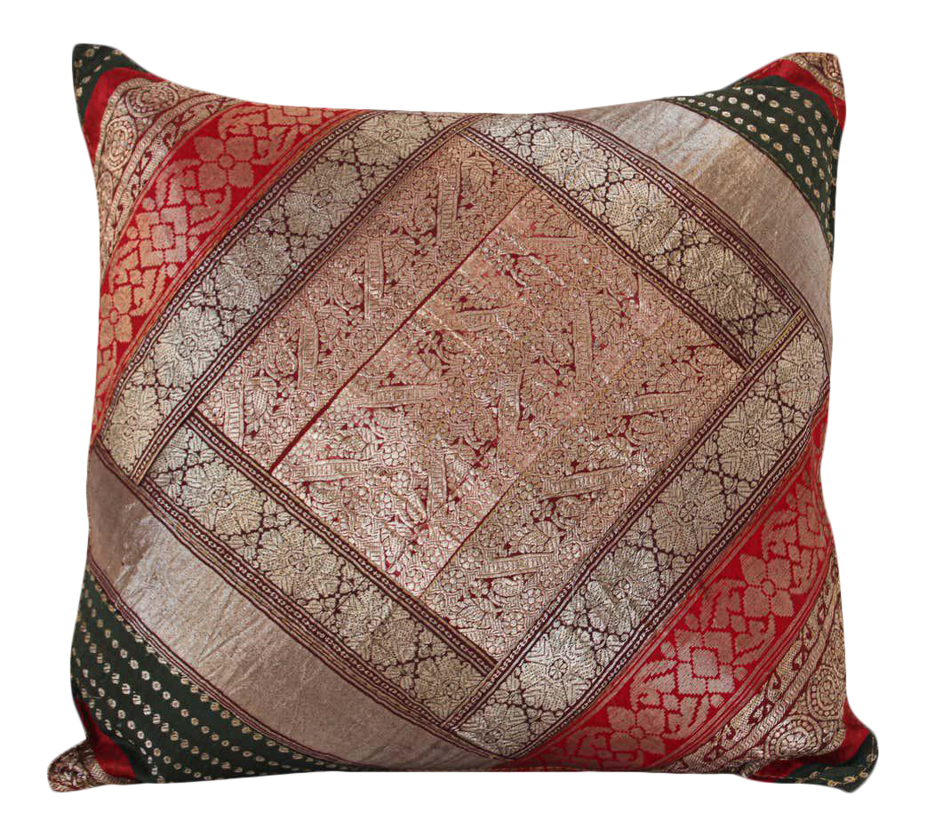 Decorative Vintage Throw Pillow Made from Sari Borders, India