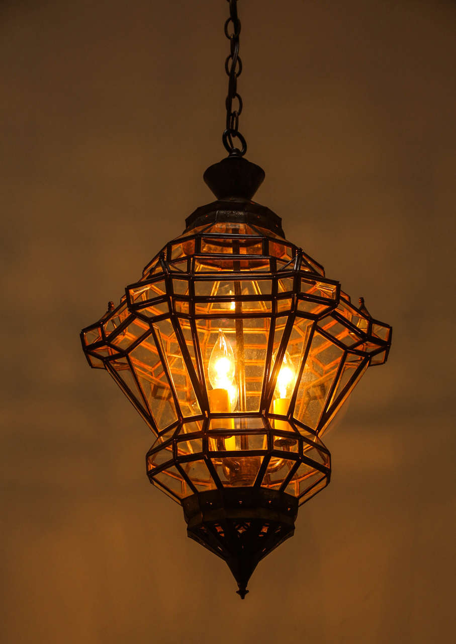 Moroccan Moorish Granada Clear Glass Bronze Lantern Pendant, Marrakech 1990s