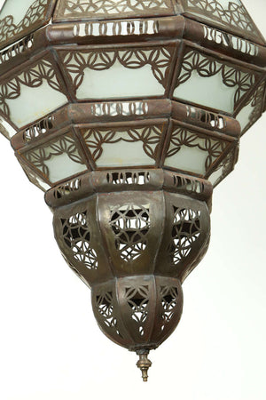 Moroccan Moorish Lantern with Filigree Designs and Milky Glass Pendant
