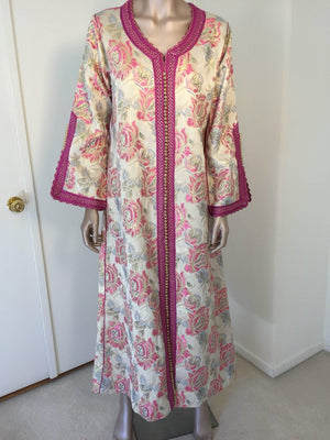 Vintage Moroccan Kaftan Brocade Embroidered with Pink and Gold Trim, circa 1970