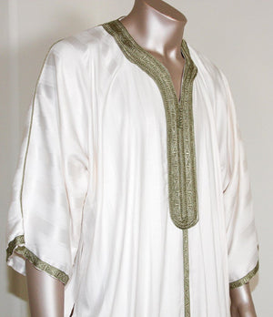 Moroccan Vintage Gentleman Caftan White with Green Trim