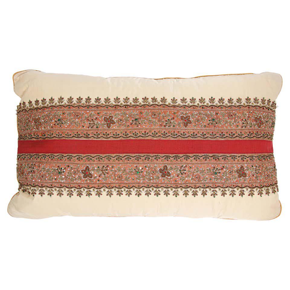 Handcrafted Silk Lumbar Pillow, Ivory with Beads, Moorish Style, India