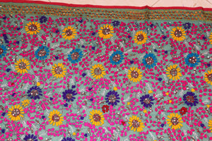 Vintage Suzani Embroidery in Teal Background with Yellow Pink Turquoise