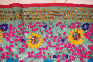 Vintage Suzani Embroidery in Teal Background with Yellow Pink Turquoise