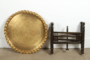 Vintage Moroccan Etched Brass Round Tray Table