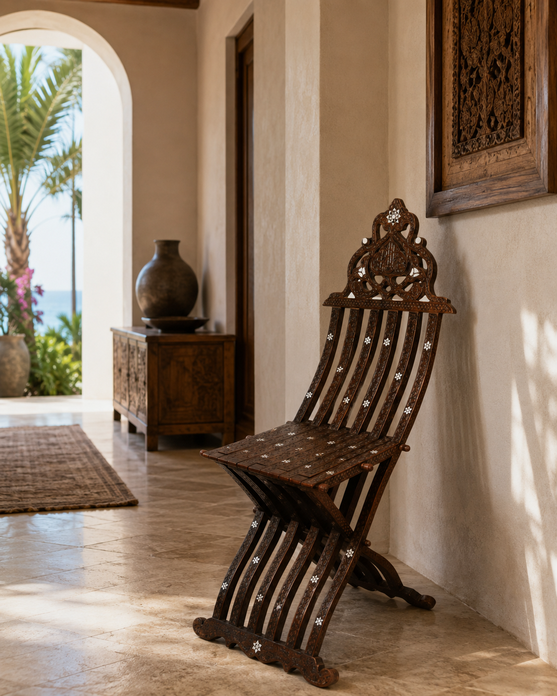 Pair of ornate Anglo Indian chairs with bone inlay and white cushions .
