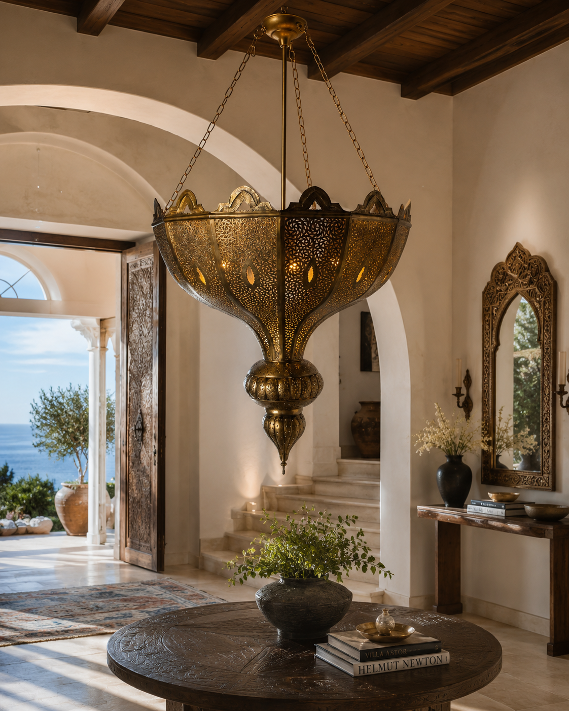 Oversized Moroccan Pierced Brass Filigree Chandelier, Moorish Style — Morocco