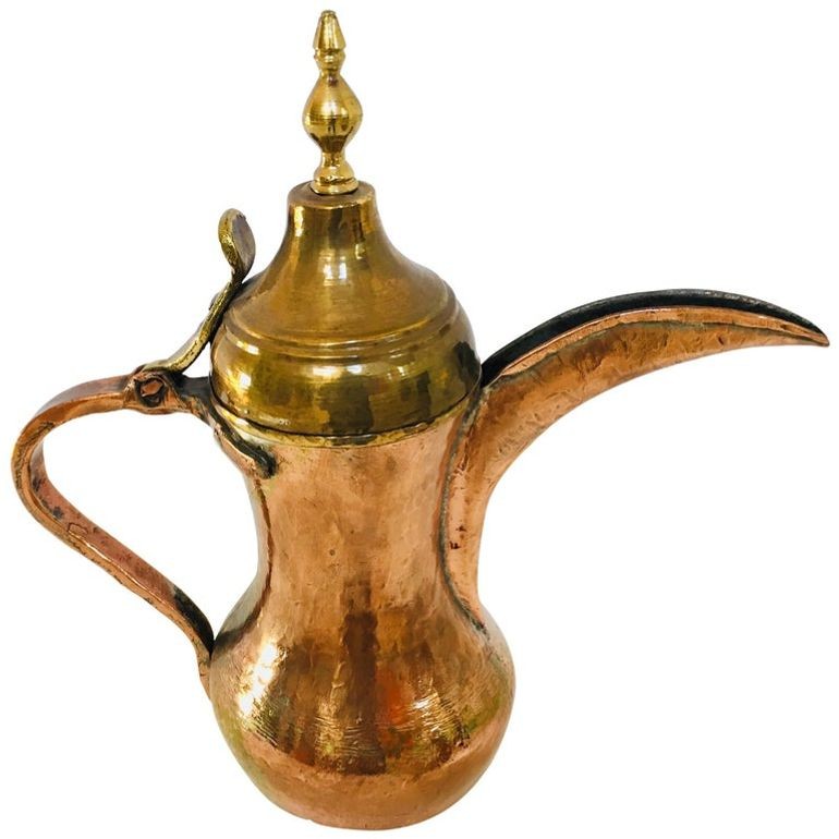 Antique Dallah Coffee Pot, Hand-Hammered Copper & Brass, Oman, 1890