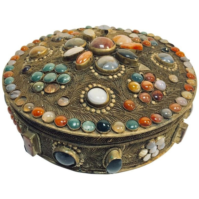 Large Vintage Agate Inlaid Moorish Wedding Jewelry Dressing Box