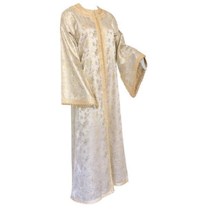 Vintage Moroccan Kaftan White and Gold Metallic Floral Brocade Caftan 1970's