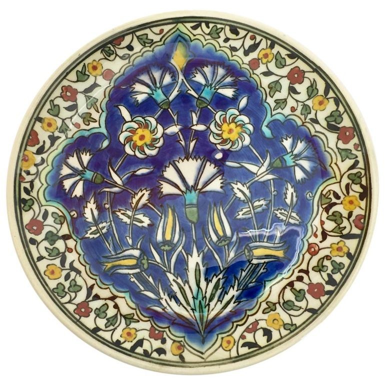 Turkish Ceramic Plate with Hand-painted Iznik Floral Design 1950s