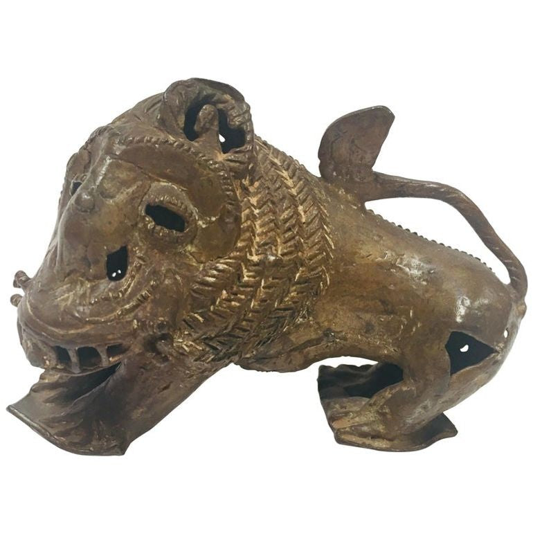 Vintage West African Cast-Brass Mythical Lion Folk Art Sculpture, circa 1960