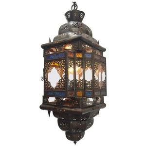 Moroccan Hall Lantern Light Fixture with Multi-Color Glass Moorish Style