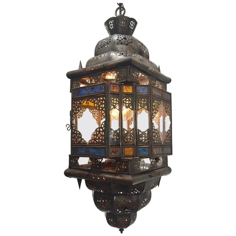 Moroccan Hall Lantern Light Fixture with Multi-Color Glass Moorish Style