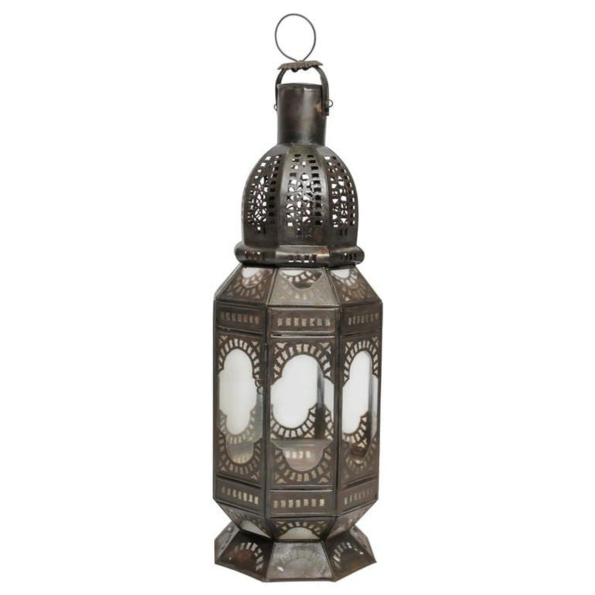 A handcrafted Moroccan clear glass lantern with metal Moorish filigree designs and a hurricane candle lamp. 