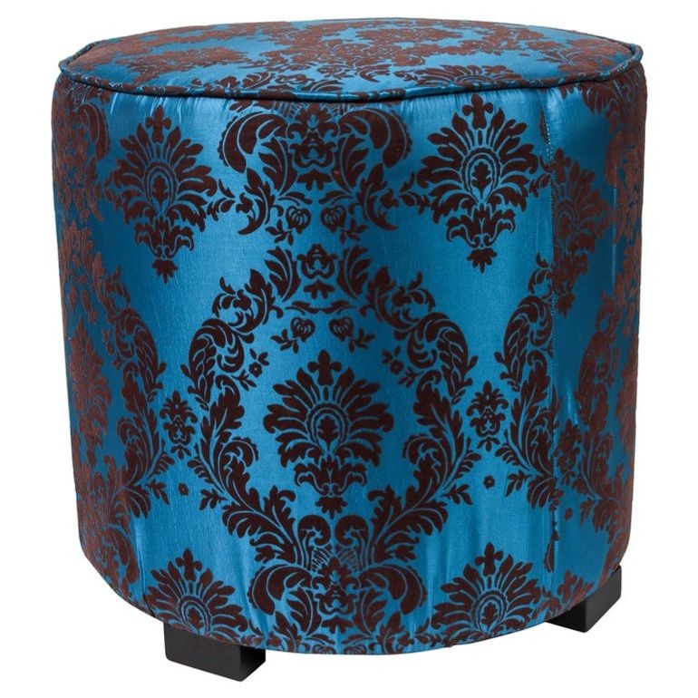 Vintage Blue Upholstered Round Moroccan Pouf