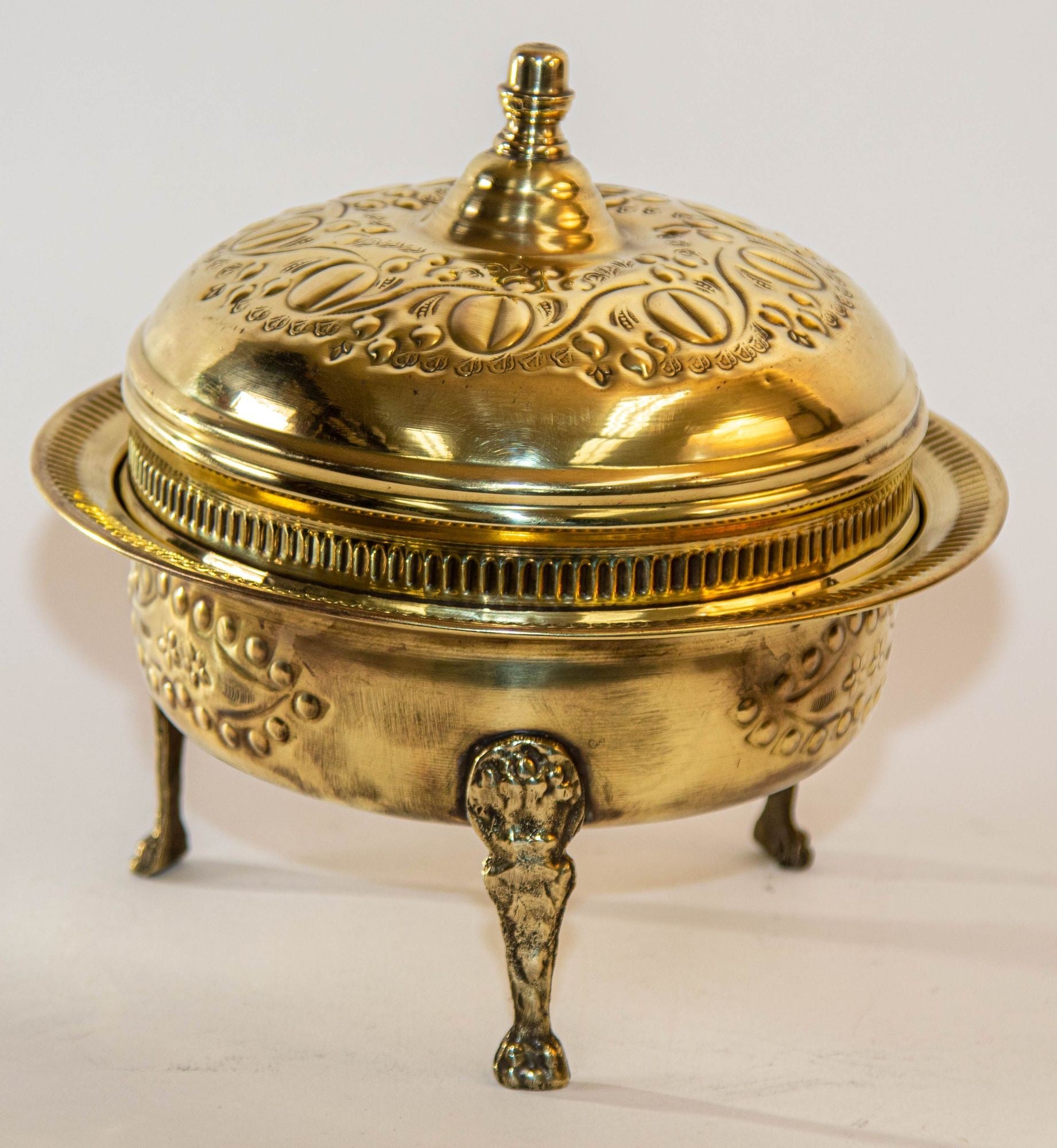 1940s Antique Round Moroccan Brass Serving Dish with Dome Lid and Paw Lion Feet.
