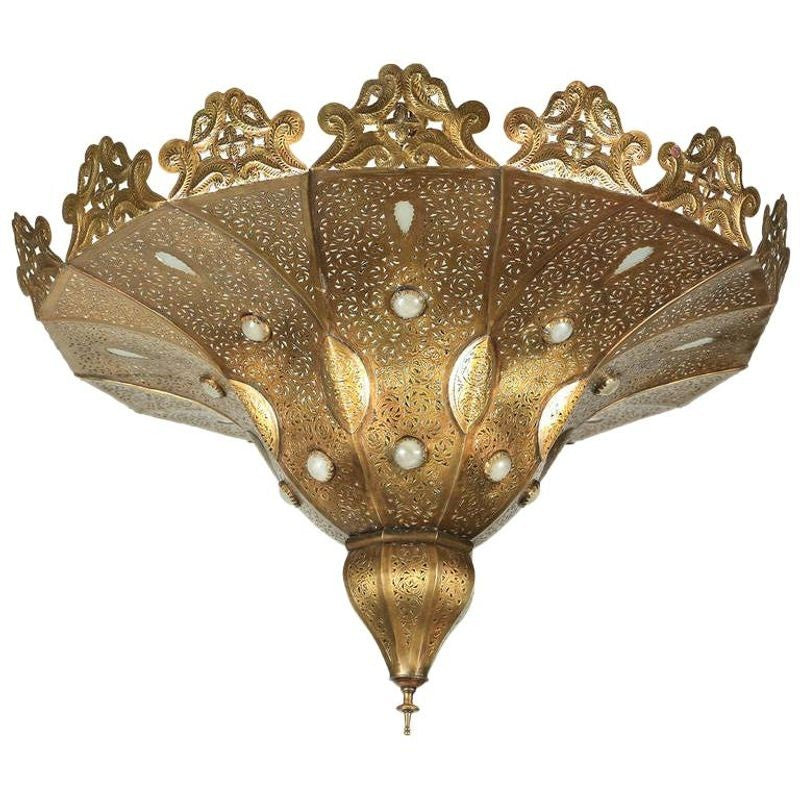 Large Moroccan Moorish Pierced Brass Pasha Chandelier, Alberto Pinto Style