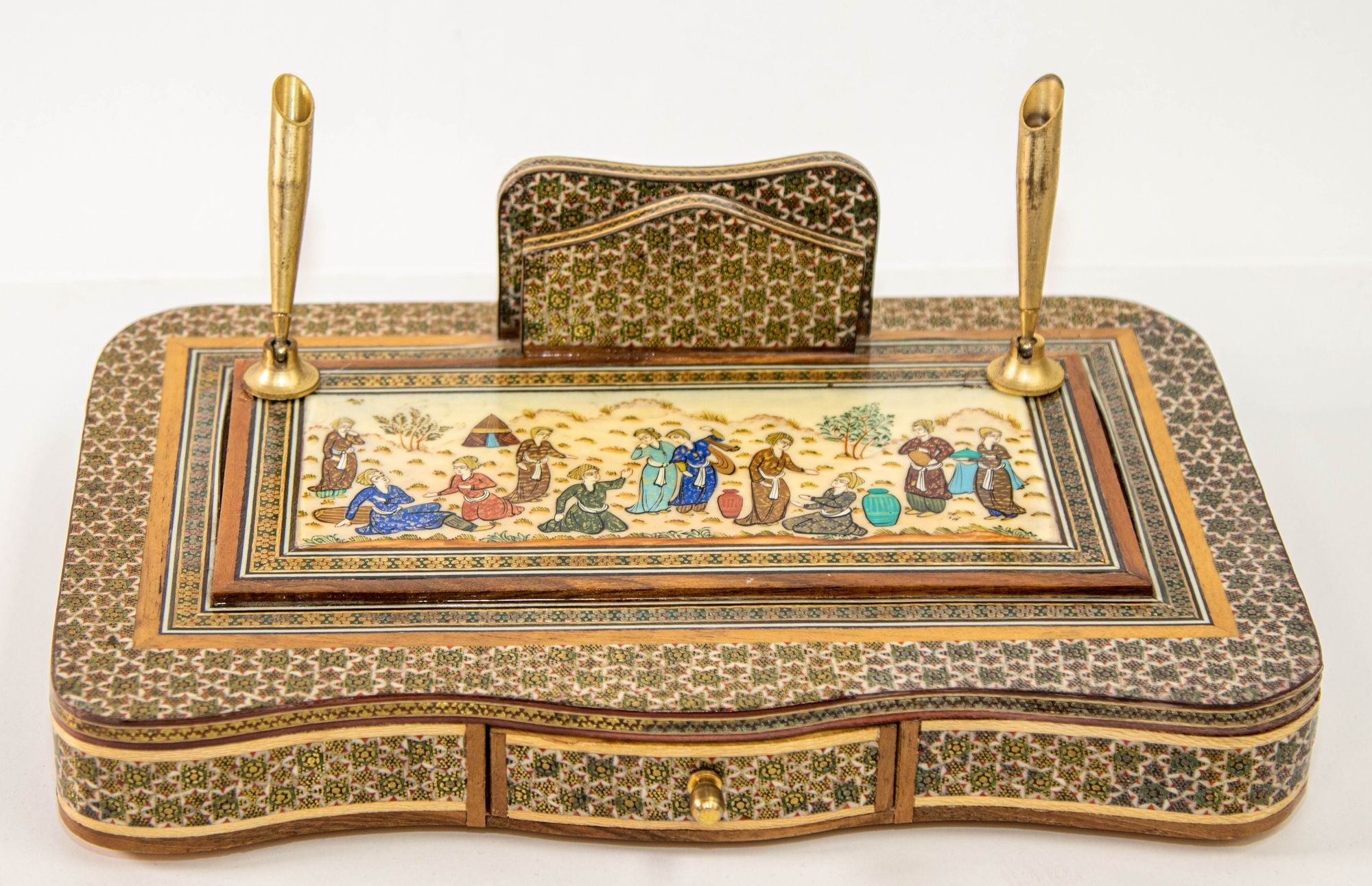 Vintage 1950s Persian Khatam Hand Painted Pen and Letter Desk Set
