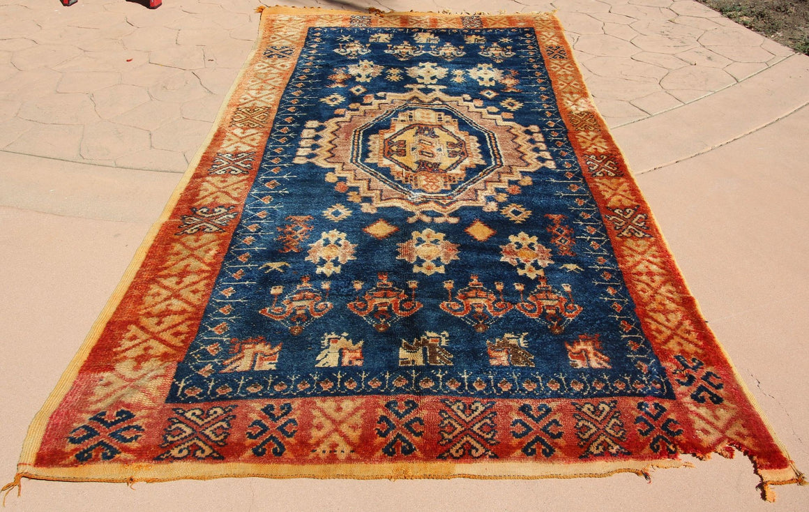 1960s Vintage Moroccan Tribal African Rug Indigo and Burnt Orange