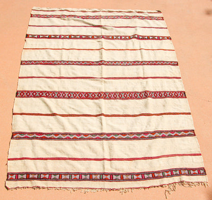 1960s Vintage Berber Moroccan Handira Bohemian Tribal Style Flat-Weave Textile