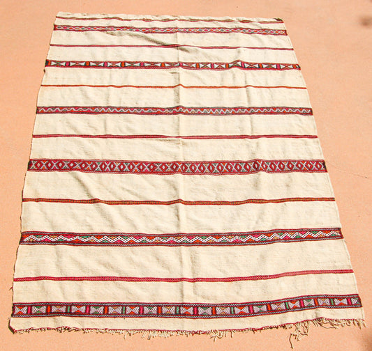 1960s Vintage Berber Moroccan Handira Bohemian Tribal Style Flat-Weave Textile