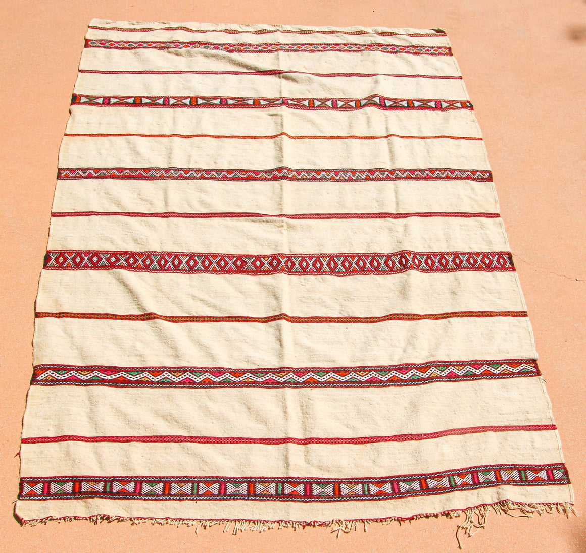 1960s Vintage Berber Moroccan Handira Bohemian Tribal Style Flat-Weave Textile