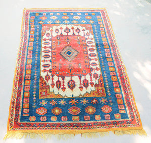 1960s Moroccan Berber Rug in Royal Blue, Pink and Orange Colors