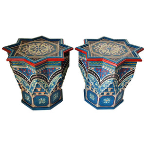 Moroccan Star Shape Blue Side Tables 1960s Pair of Moorish Tables