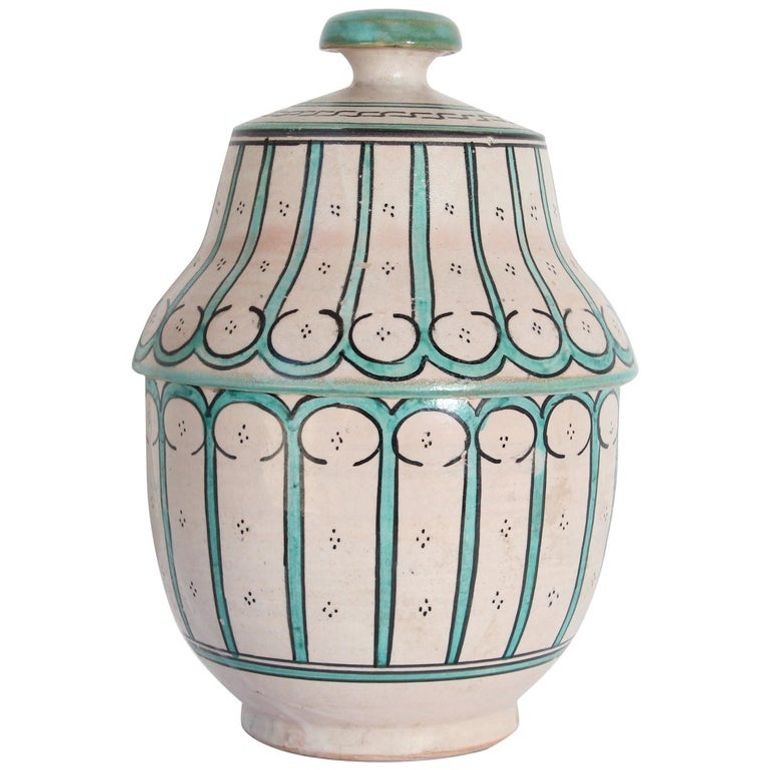 Moroccan Ceramic Glazed Covered Urn Handcrafted in Fez Morocco