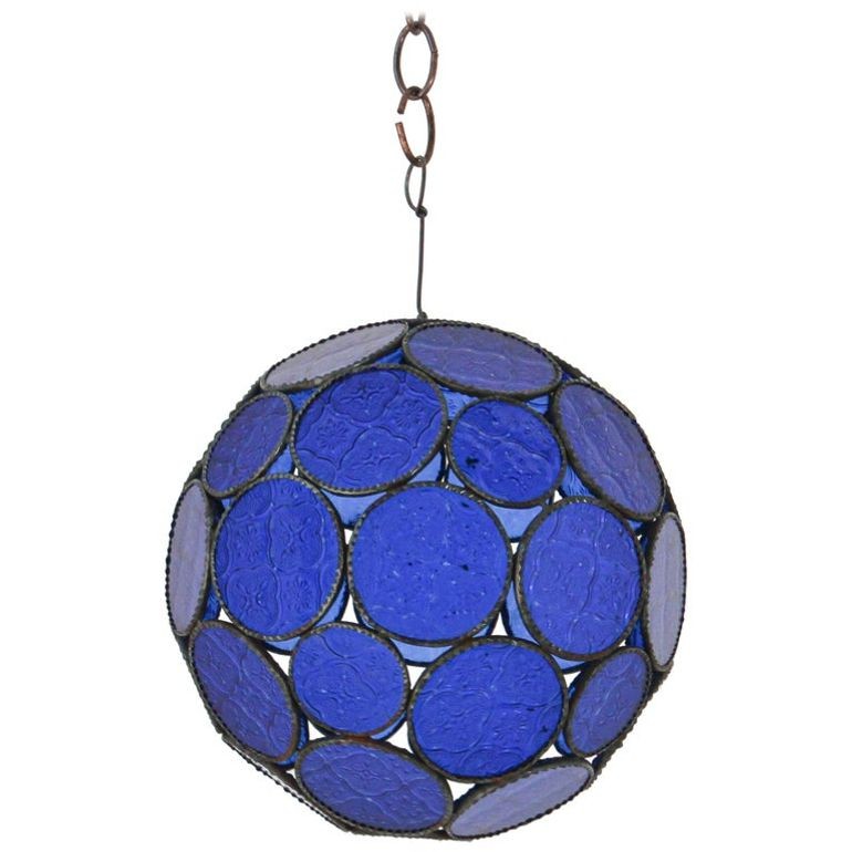 Vintage Moroccan Cobalt Blue Glass Orb Lantern, Marrakech, circa 1970