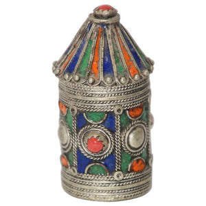 Antique Kabyle Berber Silver & Enamel Kohl Jewelry Box, Algeria, circa 1920s