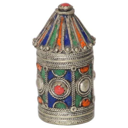 Antique Kabyle Berber Silver & Enamel Kohl Jewelry Box, Algeria, circa 1920s