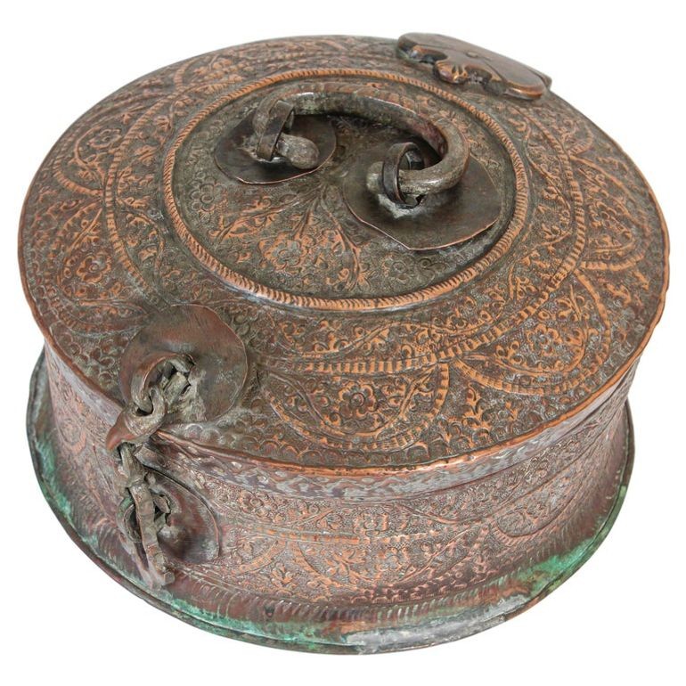 Antique South Asian Mughal Round Tinned Copper Box with Lid India